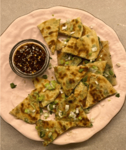 Spring Onion Pancakes | Chinese-Style Scallion Pancakes | Crispy Spring Onion Flatbread | Spring Onion Pancakes with Sesame Soy Dip — recipe by Renu Dalal